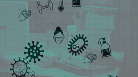 iconos de concepto de coronavirus contra el escritorio de la oficina