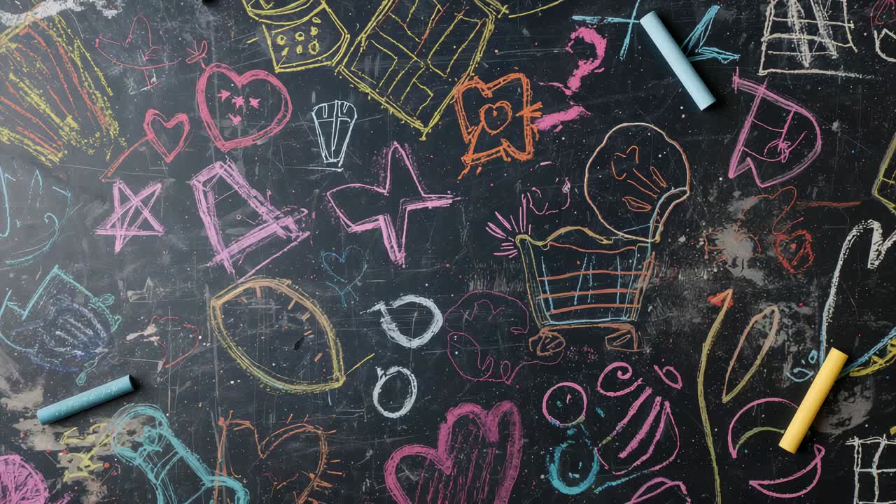 Panning camera revealing chalkboard covered in chalk doodles in classroom, with three chalk sticks