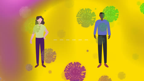 man and woman icons maintaining social distancing over multiple covid-19 cells on yellow background