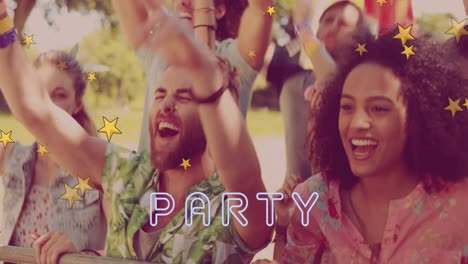 animation of party text over stars and group of diverse smiling friends