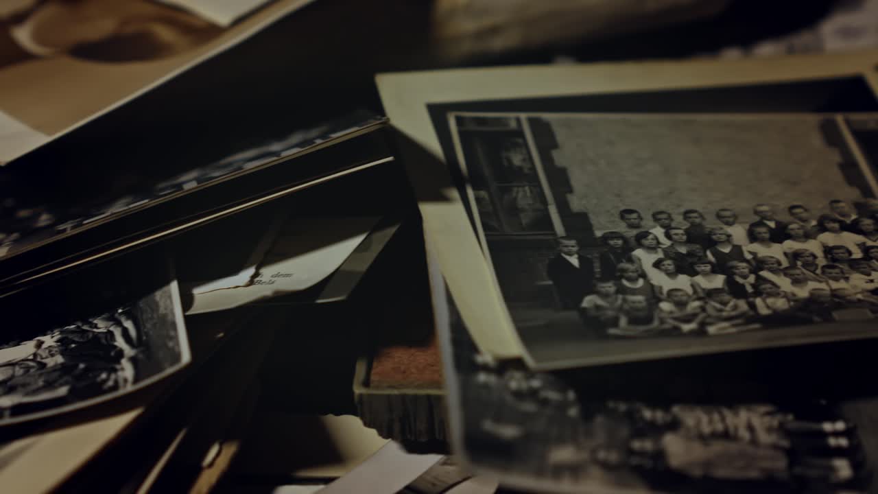 The camera slowly glides over a pile of letters and old black-and-white photographs scattered on the dusty attic