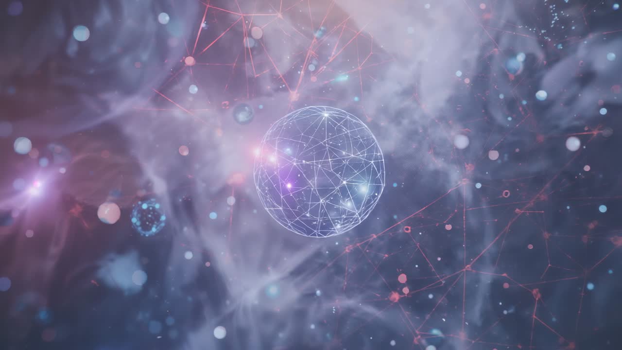 Floating motes initiating pulsing network sphere in swirling mist, with glowing nodes and filaments