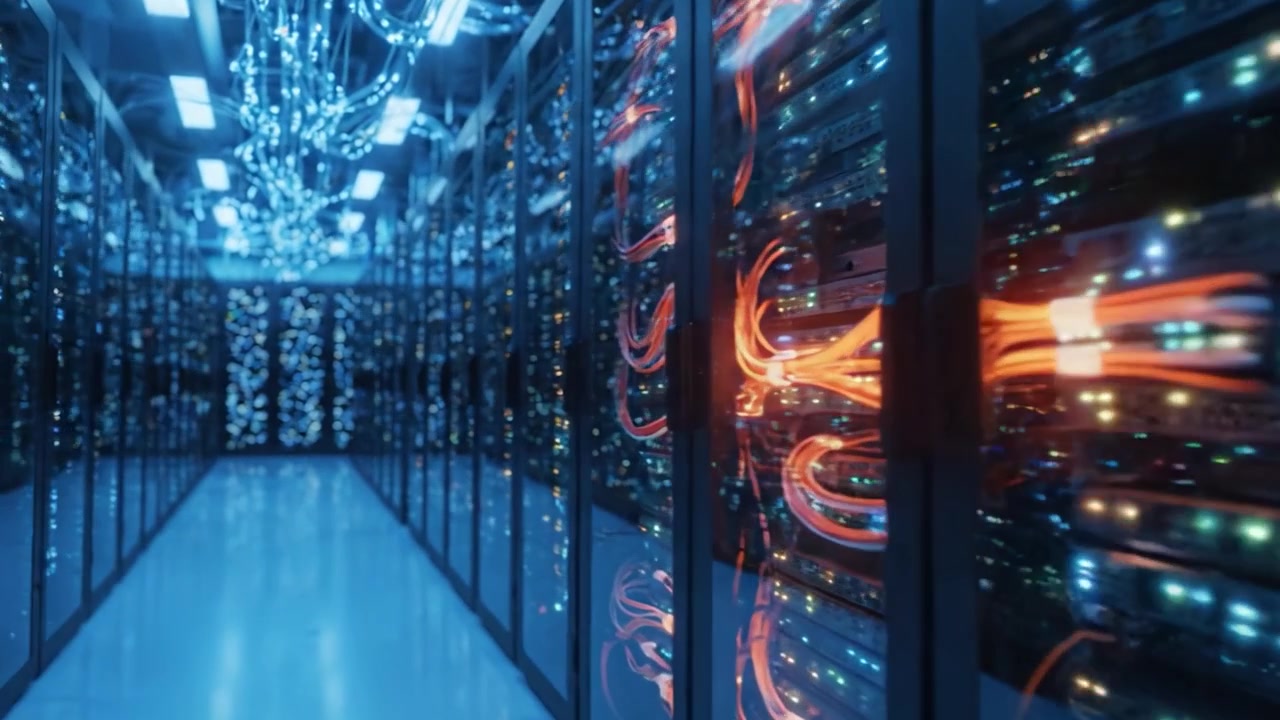 A Stunning View Inside a High-Tech Data Center, Showcasing Rows of Illuminated Server Racks and Advanced Networking Equipment in a Futuristic Environment