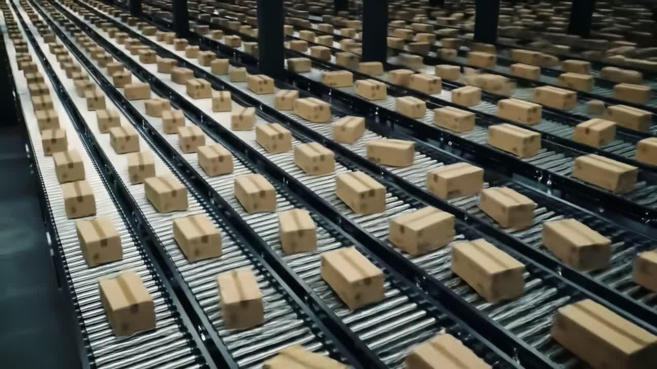 A state-of-the-art conveyor system rapidly moves boxes through a busy distribution center. The environment is organized and designed for high-speed processing and delivery of goods.