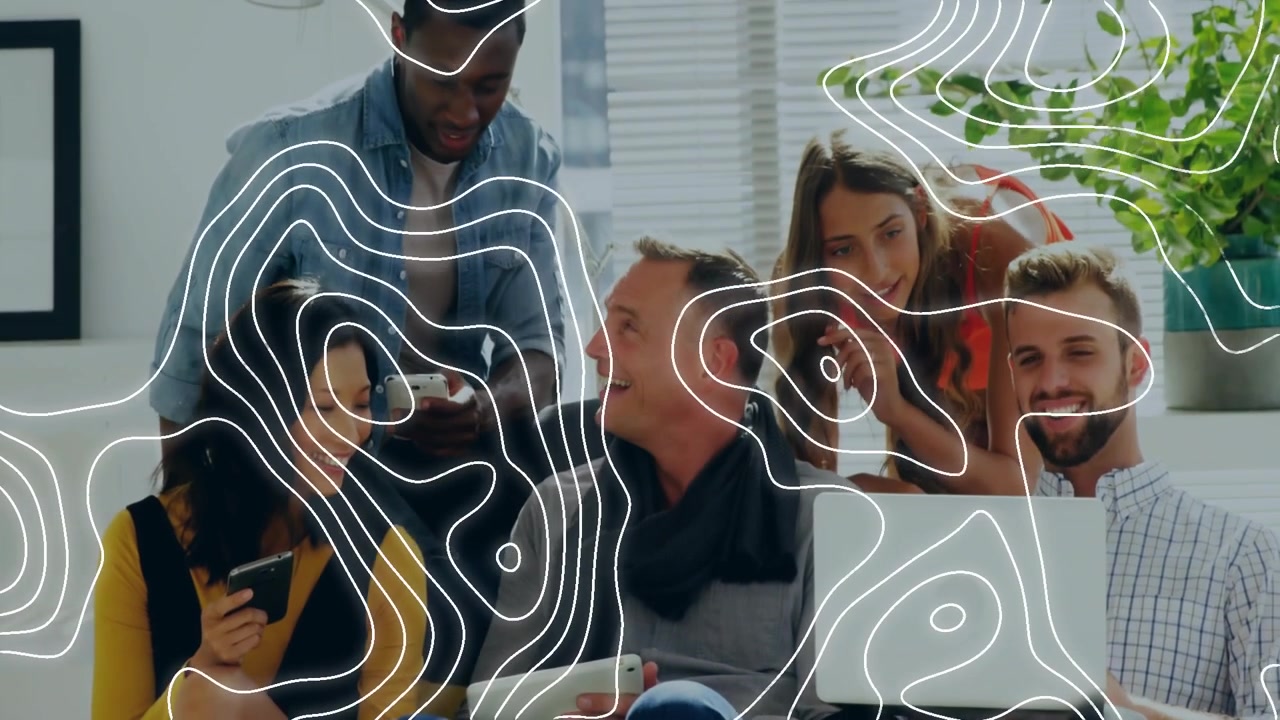 Team leaning after tablet tap, sharing screens while contour sweeping across frame showing teamwork