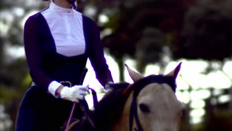 Mujer-A-Caballo,-Galopando,-Hacia-La-Cámara,-Inclinado-Hacia-Abajo,-A-La-Cabeza-Del-Caballo,-Semental-Corriendo,-Hermosa,-Jockey-Femenina,-Traje-Blanco-Y-Negro,-Cinta,-Caballo-Marrón,-Cámara-Lenta,-Vívido,-Colores,-Slomo