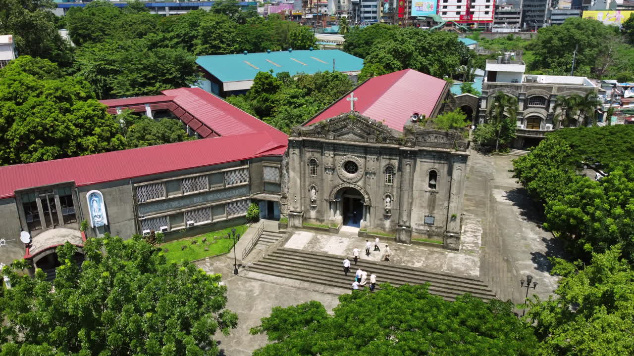 Aerial shot of Men Going up to Nuestra Senora Parish Church in Makati