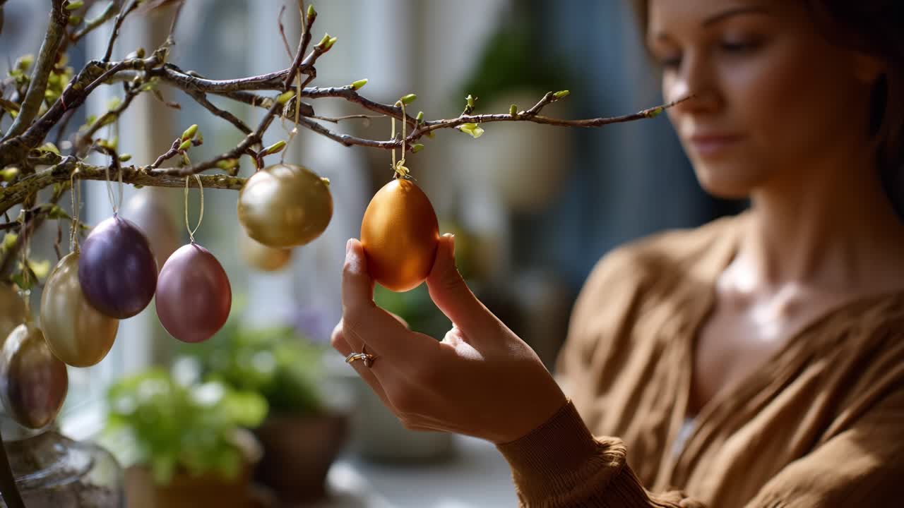 Exploring the Beauty of Decorative Easter Eggs: A Woman Prepares for Spring Celebrations in a Cozy, Natural Setting with Colorful Ornaments Hanging from a Branch