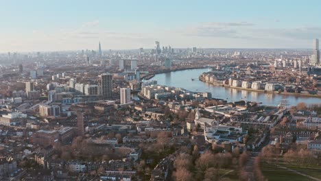 Drone-shot-towards-central-London-skyline-from-Greenwich-at-sunset