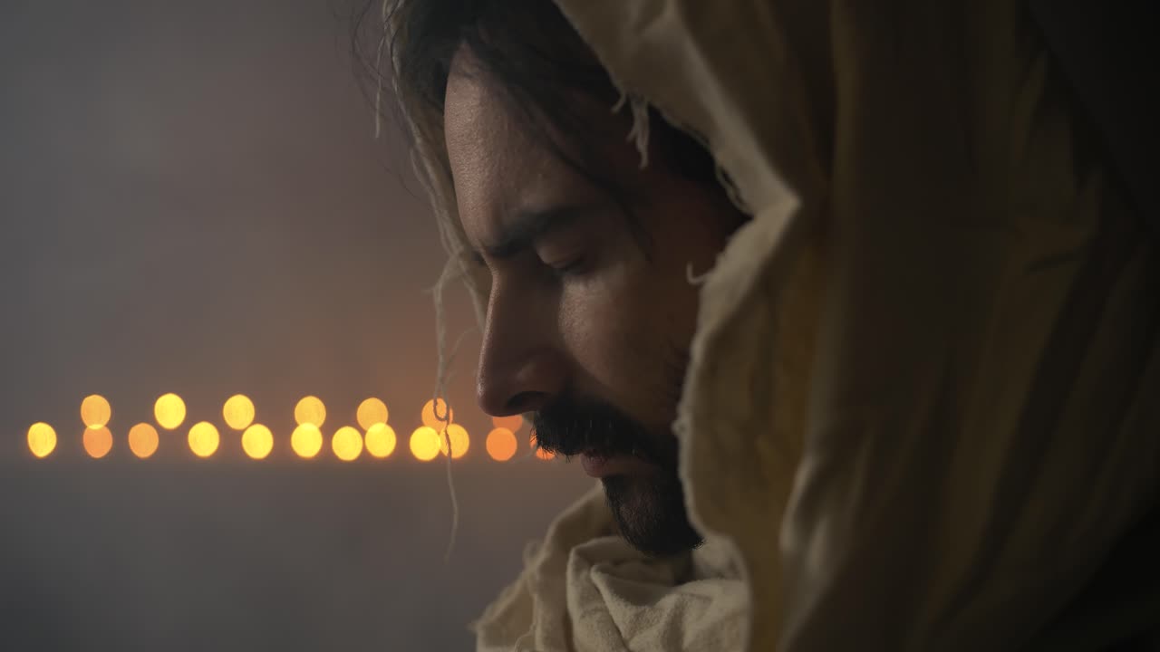 Closeup of religious man with beard praying in ambient light