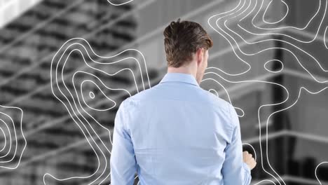 animación de un empresario caucásico con pantalla táctil sobre líneas de mapas y bloques de oficinas