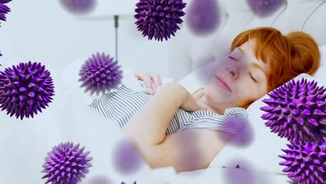 Animation-of-purple-corona-virus-with-sick-woman-in-background