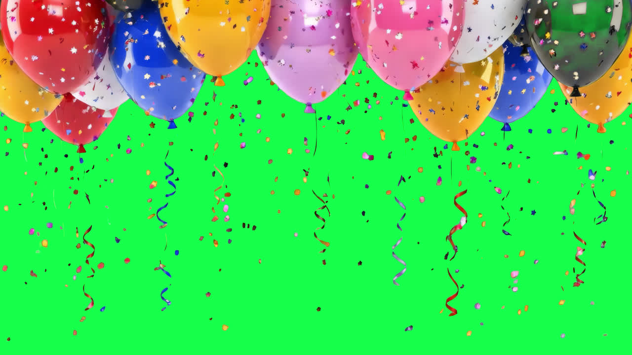 Colorful balloons with falling confetti animated overlay, transparent 4K video, alpha channel