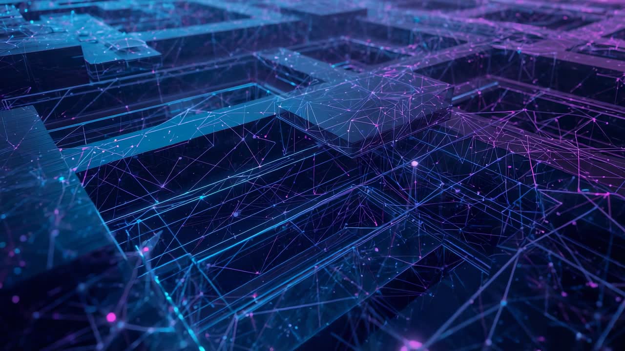 Dollying camera exploring 3D wireframe network and raised blocks in dark void, pulsing nodes