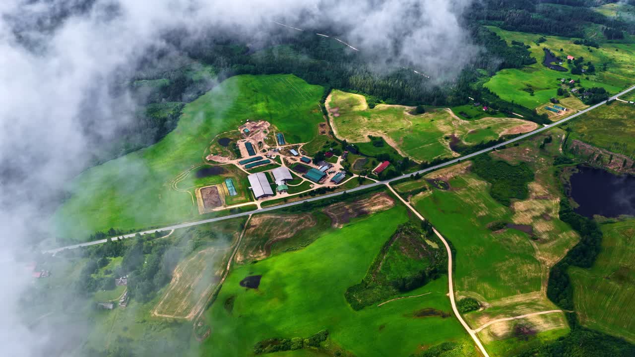 Above View Of Rural Nature And Architectures At Sunrise. Aerial Drone Shot
