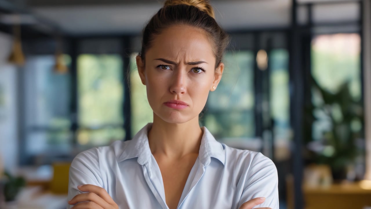 A Serious Woman with Arms Crossed Displaying Displeasure in a Modern Office Environment, Capturing Emotional Tension and Professional Atmosphere