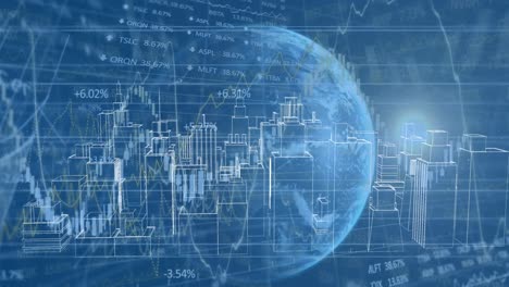 animation of globe and financial data processing over 3d cityscape drawing