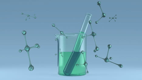 animation of element structures over lab beaker of green liquid and text tube on blue background