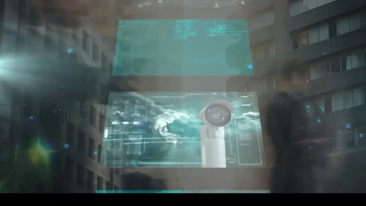 animación de timelapse con personas caminando en la oficina y datos científicos desplazándose por la pantalla