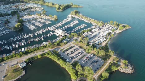 drone panning around scarborough bluffs park sailboat parking club