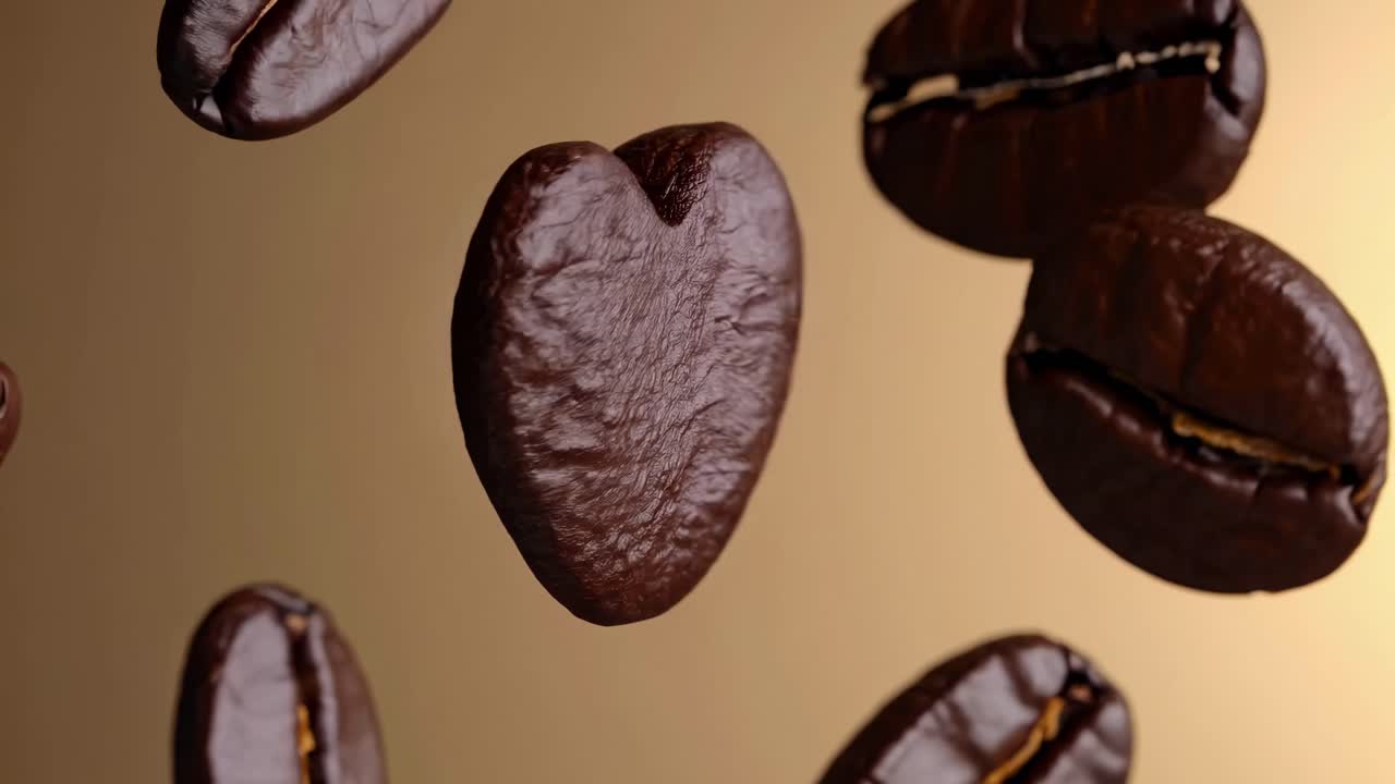 Primo piano di chicchi di caffè a forma di cuore e normali che fluttuano su uno sfondo caldo