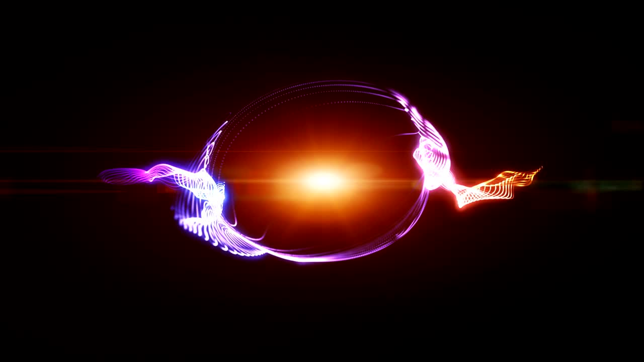 las partículas abstractas forman líneas, superficie de anillo de círculo y cuadrícula. luces de fondo púrpura naranja haz abstracto.