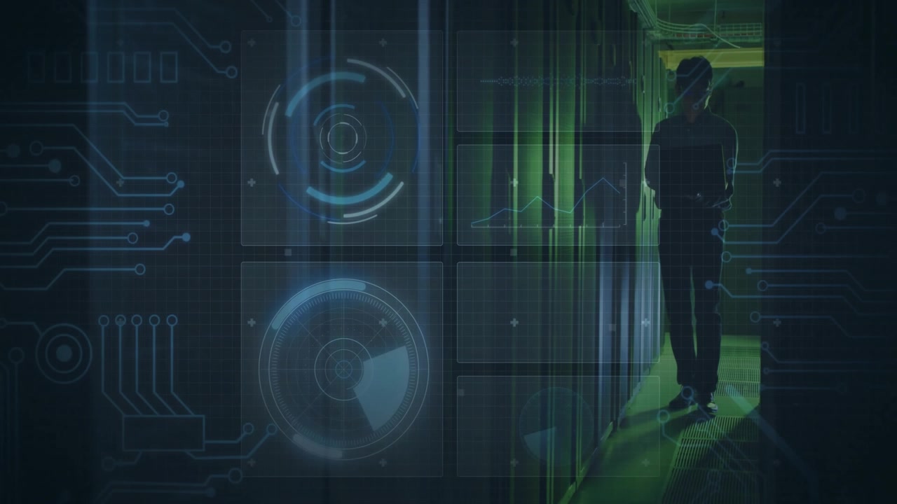 IT technician walking through data center corridor, showing HUD charts with circuit overlays
