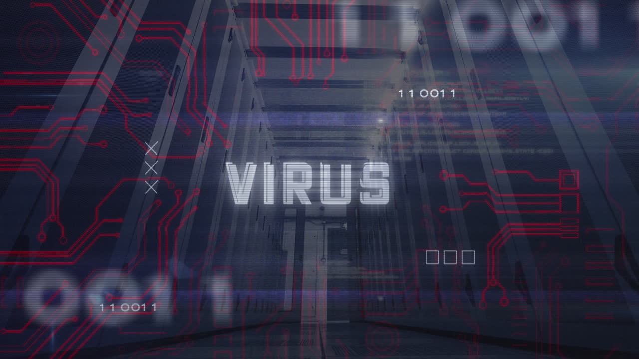 animación del texto del virus, códigos binarios y lenguaje informático, vista de ángulo bajo de la sala del servidor