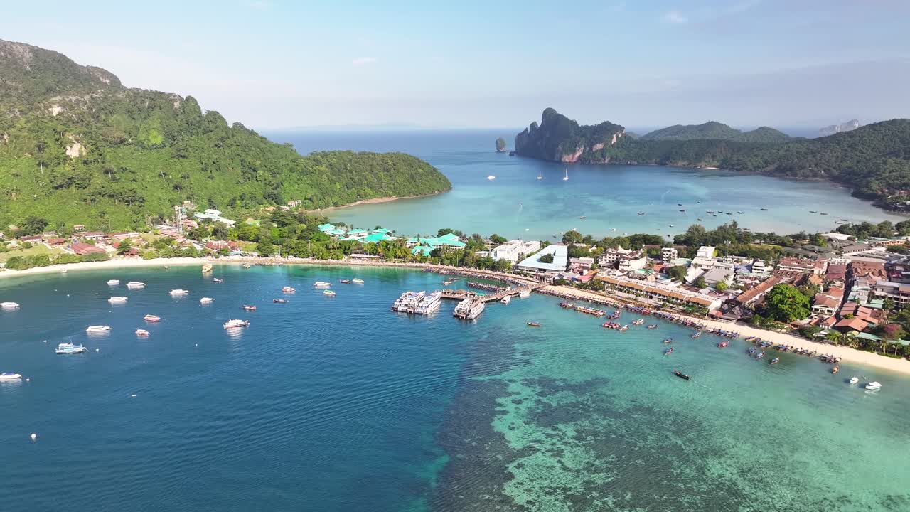 Tranquil natural coastal landscape and travel destination of Phi Phi Islands in Thailand.