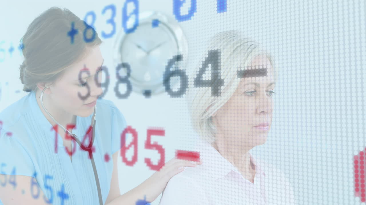 Animazione di elaborazione dati finanziari su dottoressa con paziente