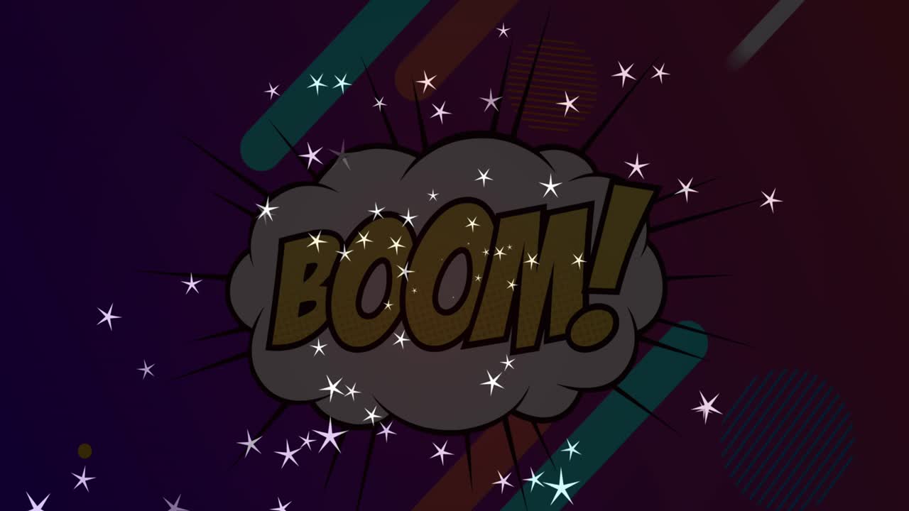 Multiple star icons over boom text on speech bubble against abstract shapes on purple background