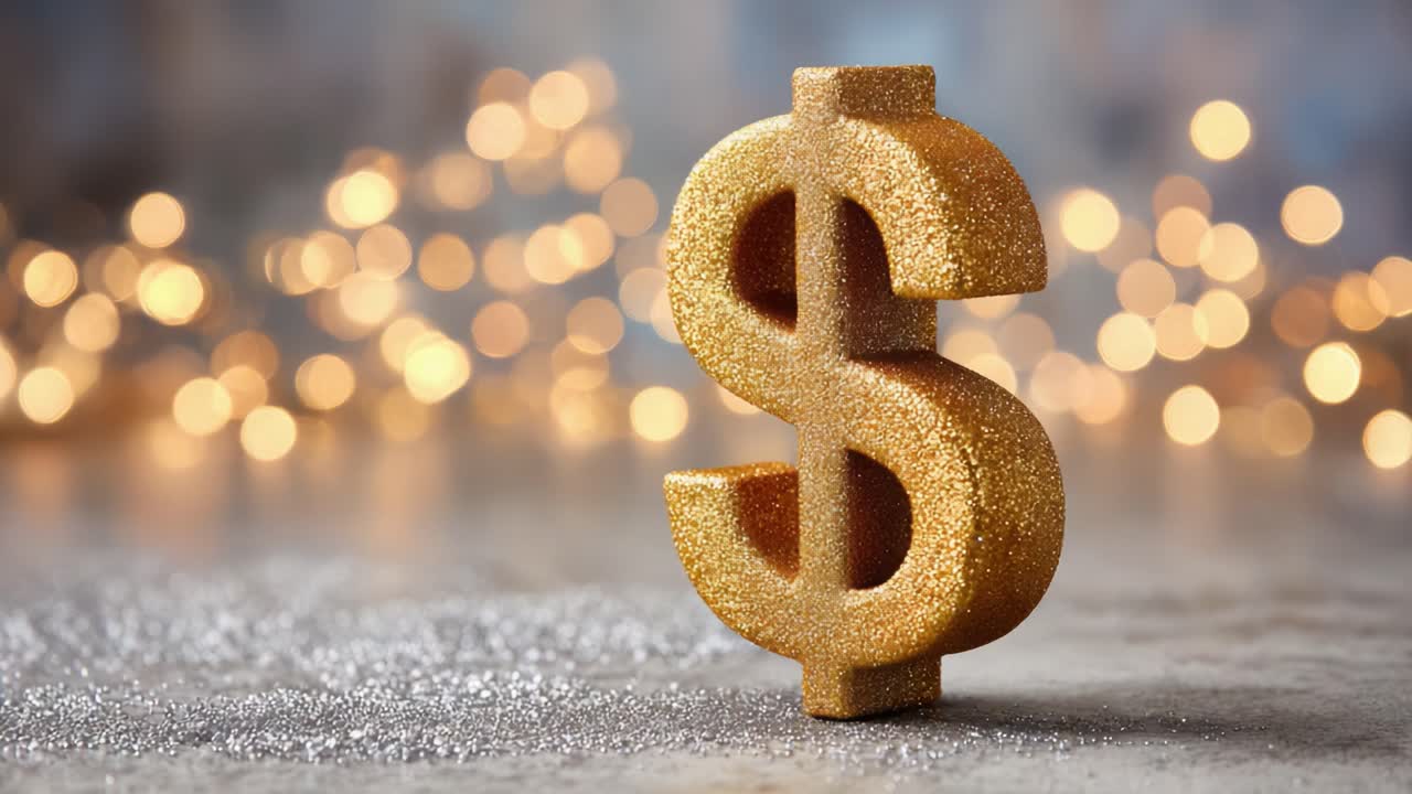 A Sparkling Golden Dollar Sign Statue Shining Brightly Against a Soft Blurred Background Filled with Warm, Twinkling Lights, Symbolizing Wealth and Prosperity