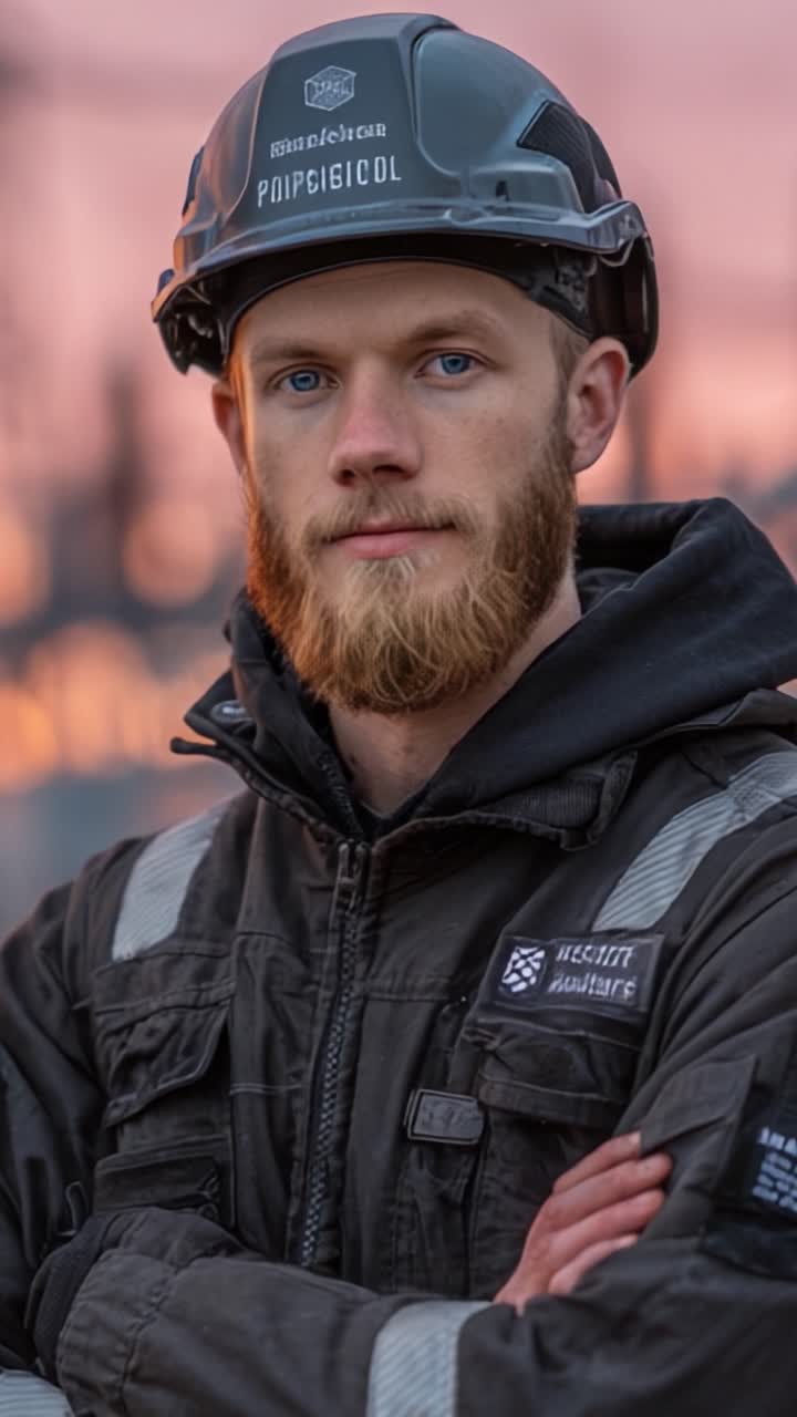 En fokuseret medarbejder i sikkerhedsudstyr står stolt mod en farverig solnedgangsbaggrund, der fremhæver engagementet i sikkerhed og professionalisme på arbejdspladsen.