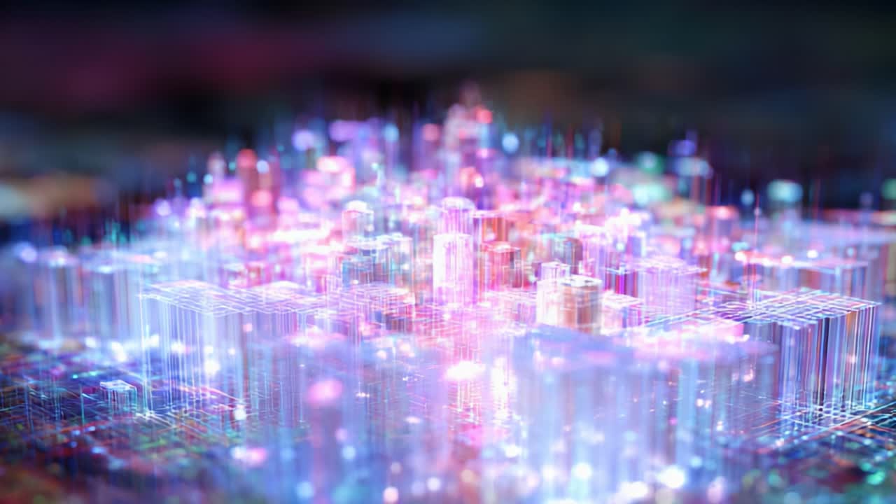 A Futuristic Cityscape Visualized in Vibrant Colors and Dynamic Lights, Showcasing an Abstract Representation of Advanced Technology and Urban Life Interconnected in a Digital Realm