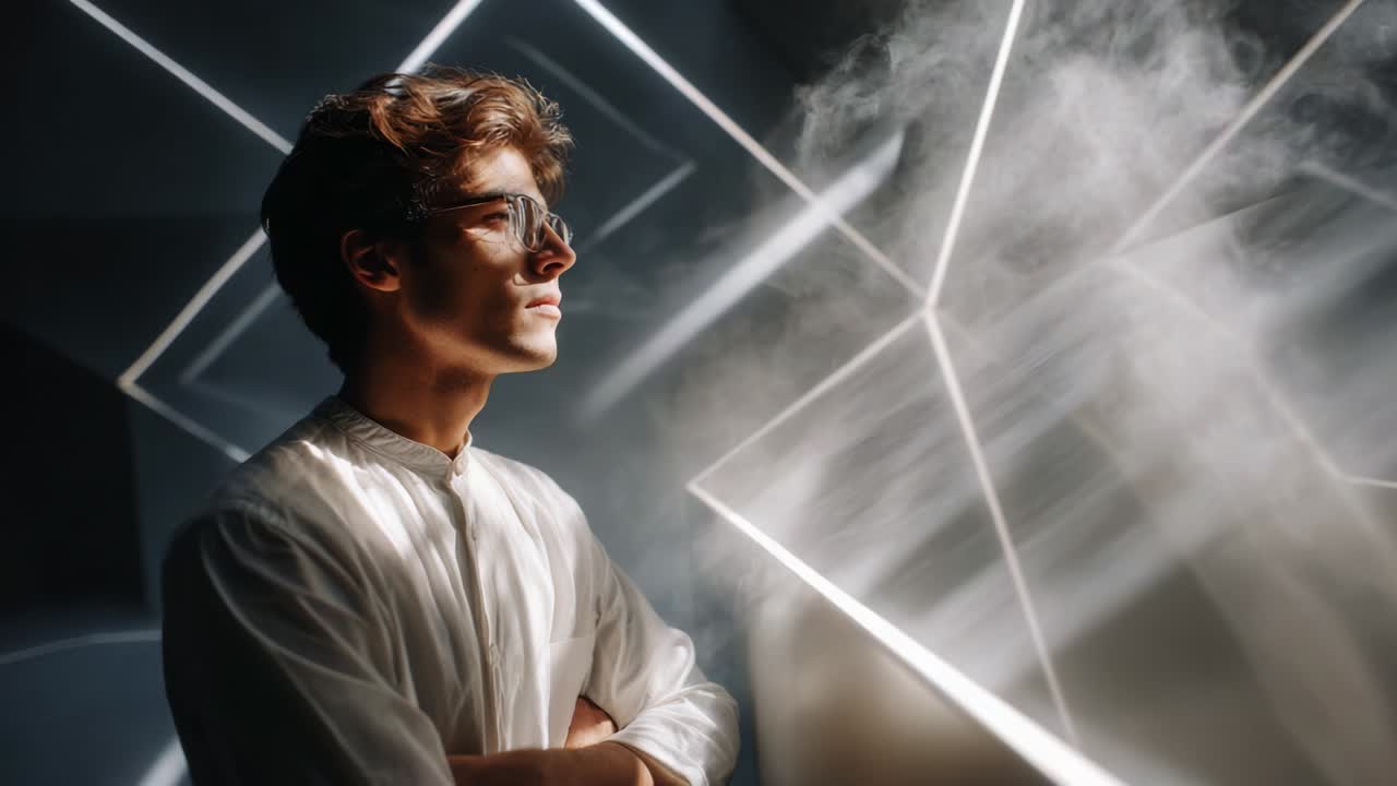 In a captivating moment of introspection, a young man stands confidently against a backdrop of ethereal light beams and swirling mist, embodying creativity, focus, and inspiration in a modern artistic setting