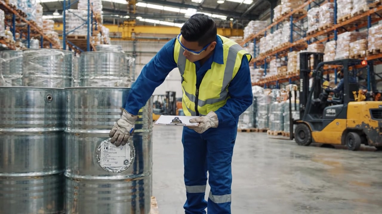 Magazziniere che effettua un controllo dell'inventario tra fusti d'acciaio e operazioni di carrelli elevatori in un grande centro di distribuzione.
