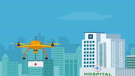 a cartoon or animated representation of a drone delivering emergency medical supplies to a hospital building with a city in the background