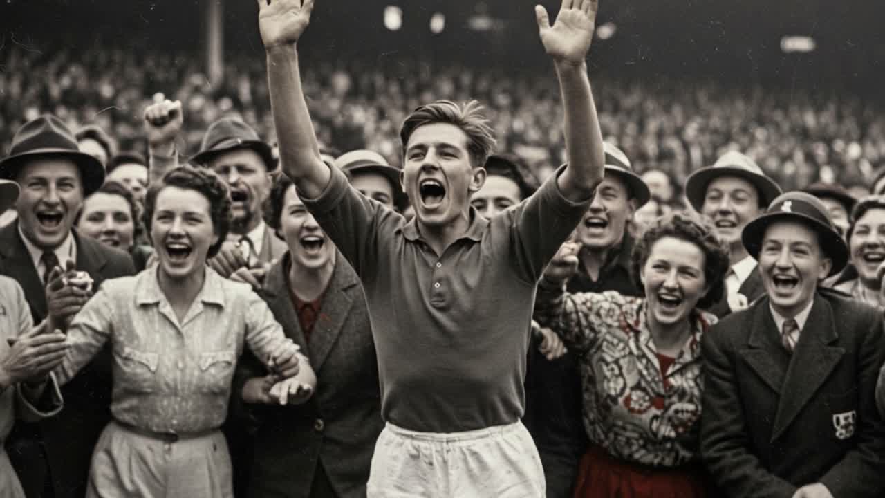 Joyous Celebration of Victory: Crowd Erupts with Cheers as the Heroic Player Raises His Arms in Triumph, Reflecting the Unmatched Spirit of Sportsmanship and Community Excitement