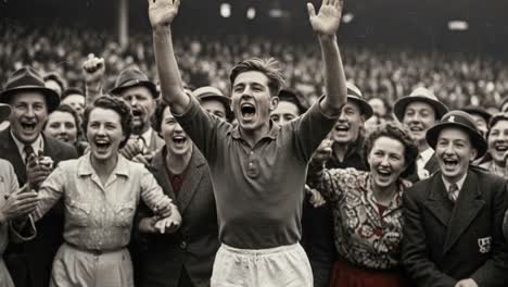 joyous celebration of victory: crowd erupts with cheers as the heroic player raises his arms in triumph, reflecting the unmatched spirit of sportsmanship and community excitement
