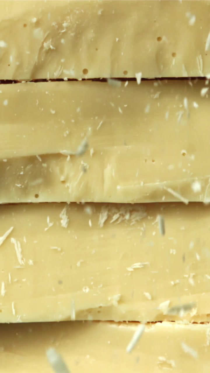 Rallentatore di scaglie di cioccolato bianco che cadono su barrette impilate