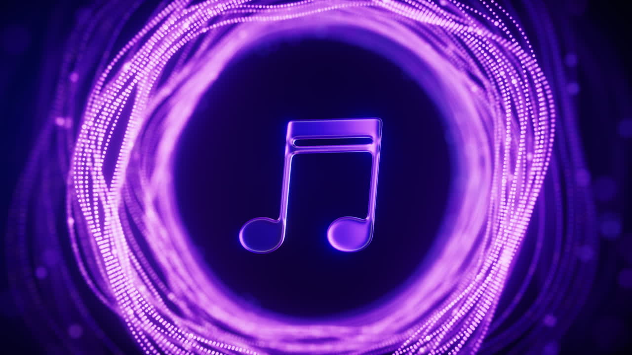 Loop animation of music notes and glowing neon lines, 3d rendering