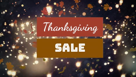 thanksgiving sale text banner against maple leaves floating and spots of light