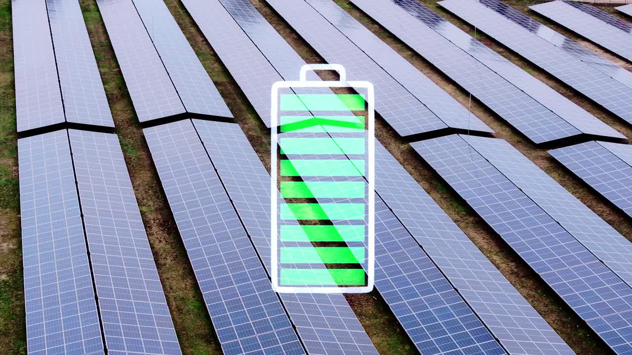 Green battery icon pulses atop wide solar array in futuristic visual metaphor