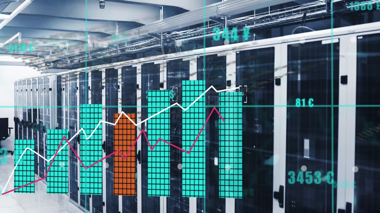 Animation of statistical data processing over grid network against computer server room