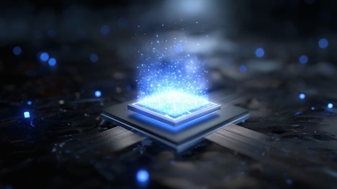 A captivating display of a futuristic holographic interface, showcasing vibrant blue particles emerging from a technological base, set against a dark background