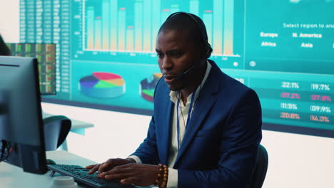 general director examining statistics big data on computer in a control room