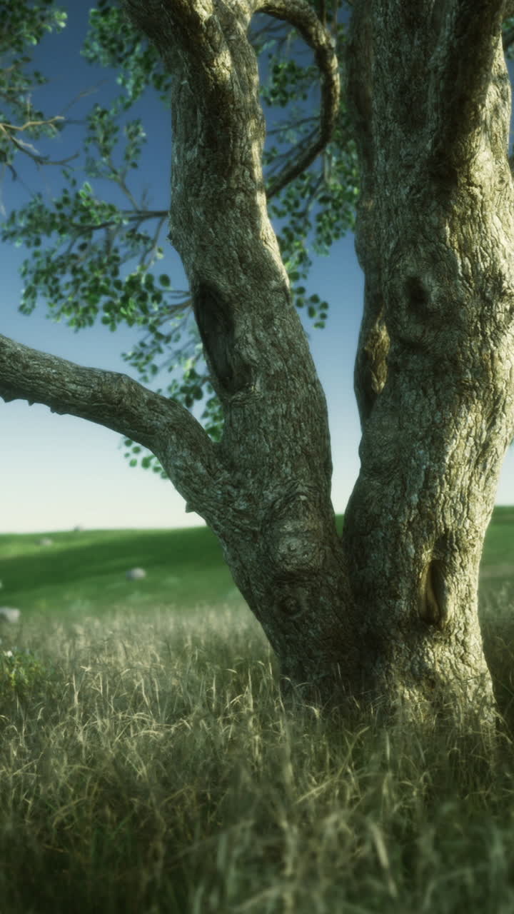Graceful tree stands tall in a lush green meadow under a clear sky