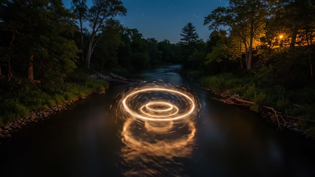 Creating Mesmerizing Light Trails: A Beautiful Night Scene on a Serene River with Glowing Circular Patterns and Peaceful Reflections in the Water