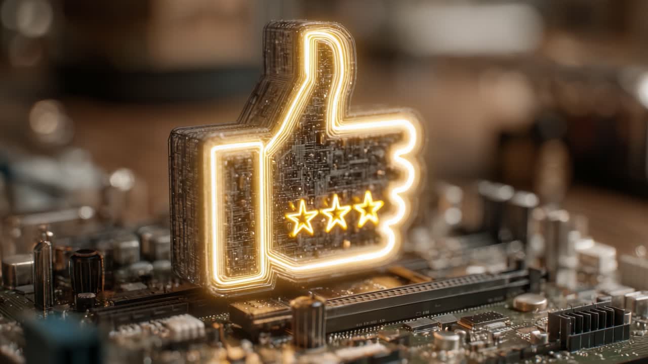 Illuminated Digital Thumbs Up Sign on Circuit Board with Four Stars, Representing Positive Feedback and Modern Technology in Contemporary Design