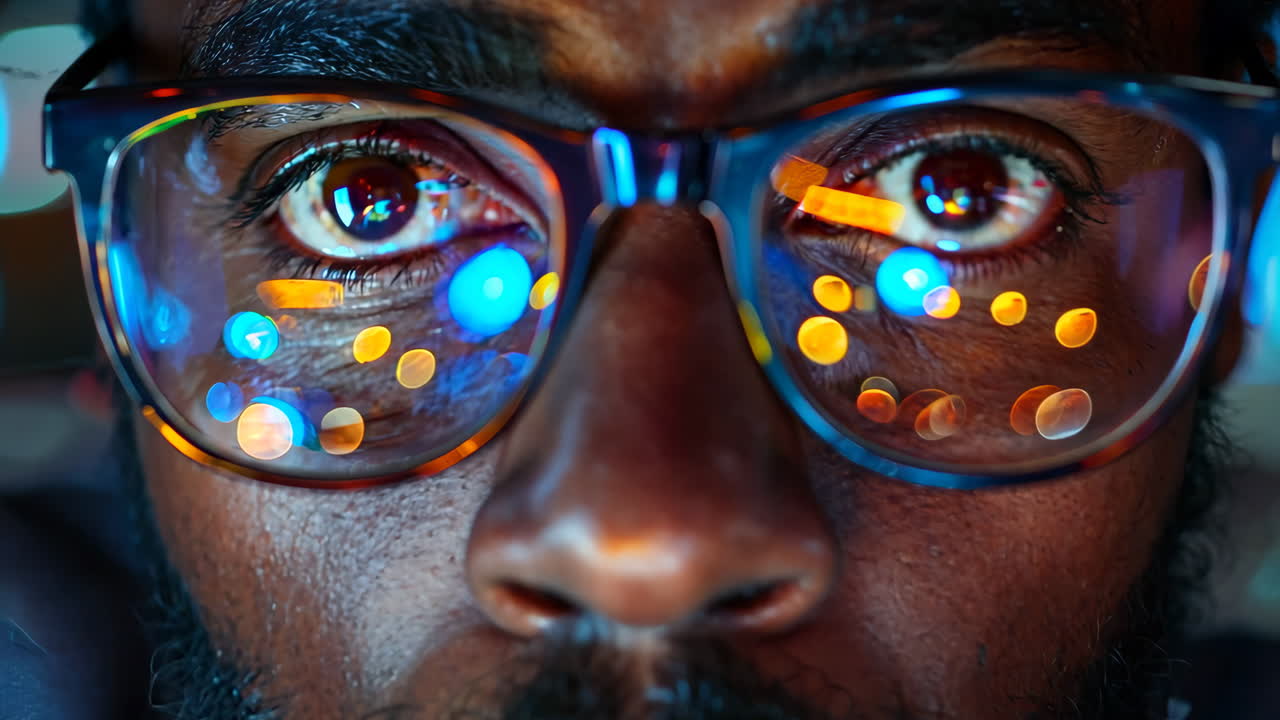 A man with glasses is looking at the camera. The image has a moody and mysterious feel to it, as the man's gaze seems to be focused on something beyond the frame